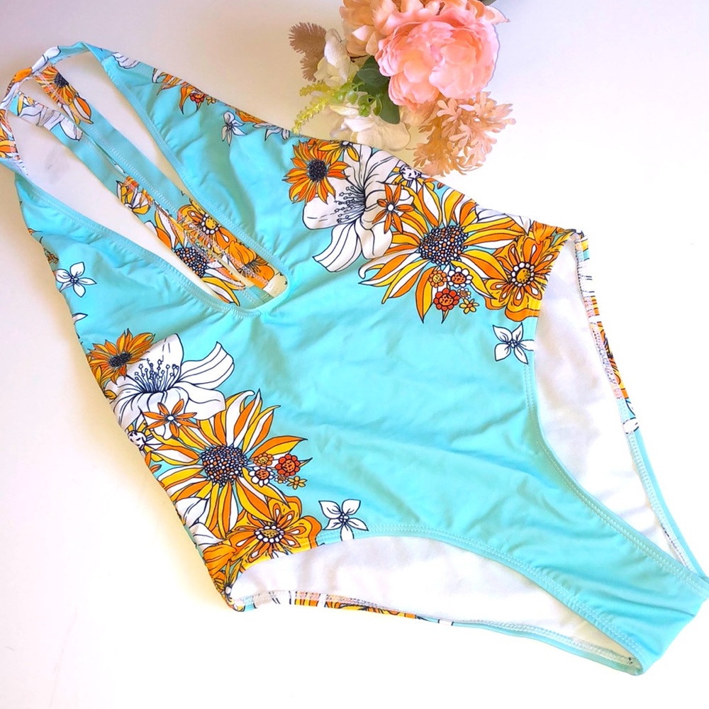 Daisy Swimsuit High cut Low cut Sexy One Piece Floral Swimsuit Medium Teal